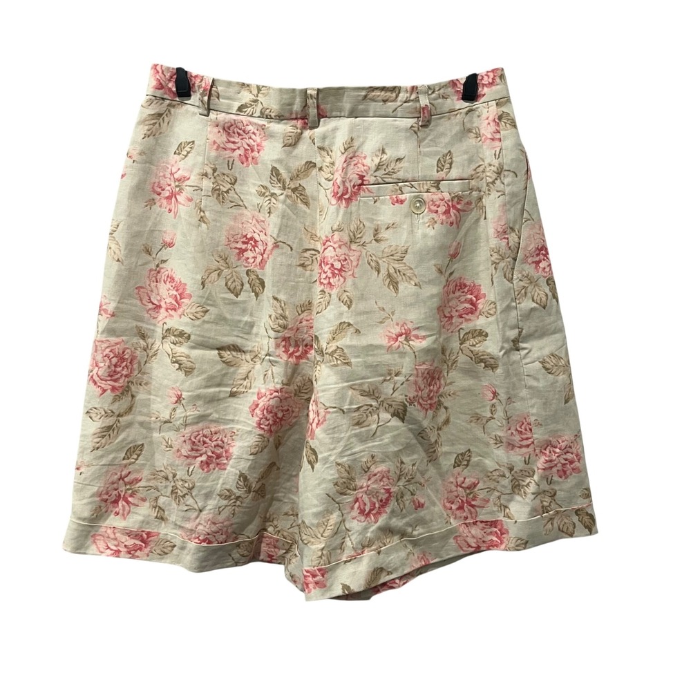 Vintage Lauren Ralph Lauren Shorts Womens 8 Beige Floral Linen Pleated Cuffed - Picture 2 of 7